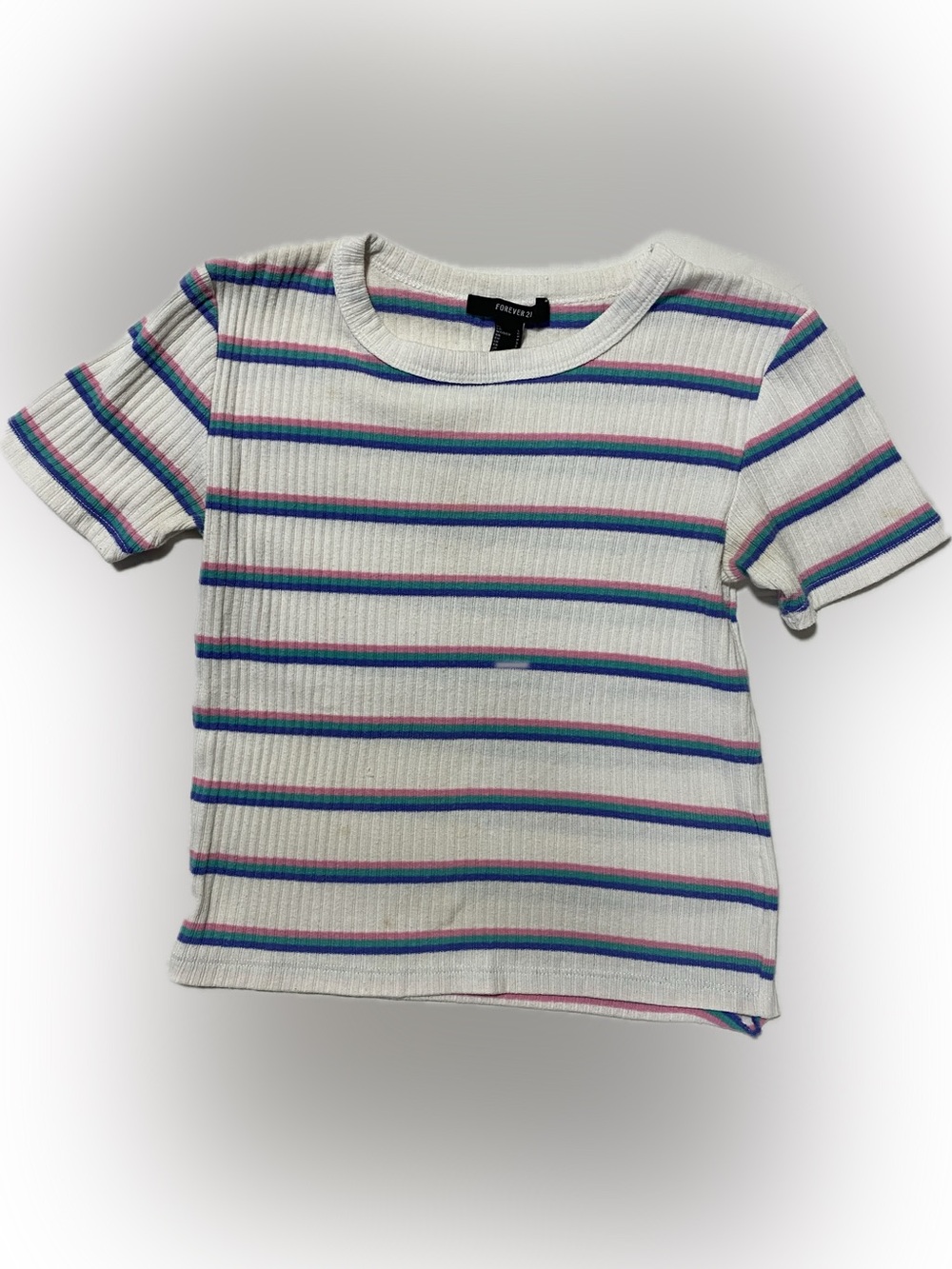 Forever 21 White Ribbed Crop Top with Pink, Blue & Green Stripes